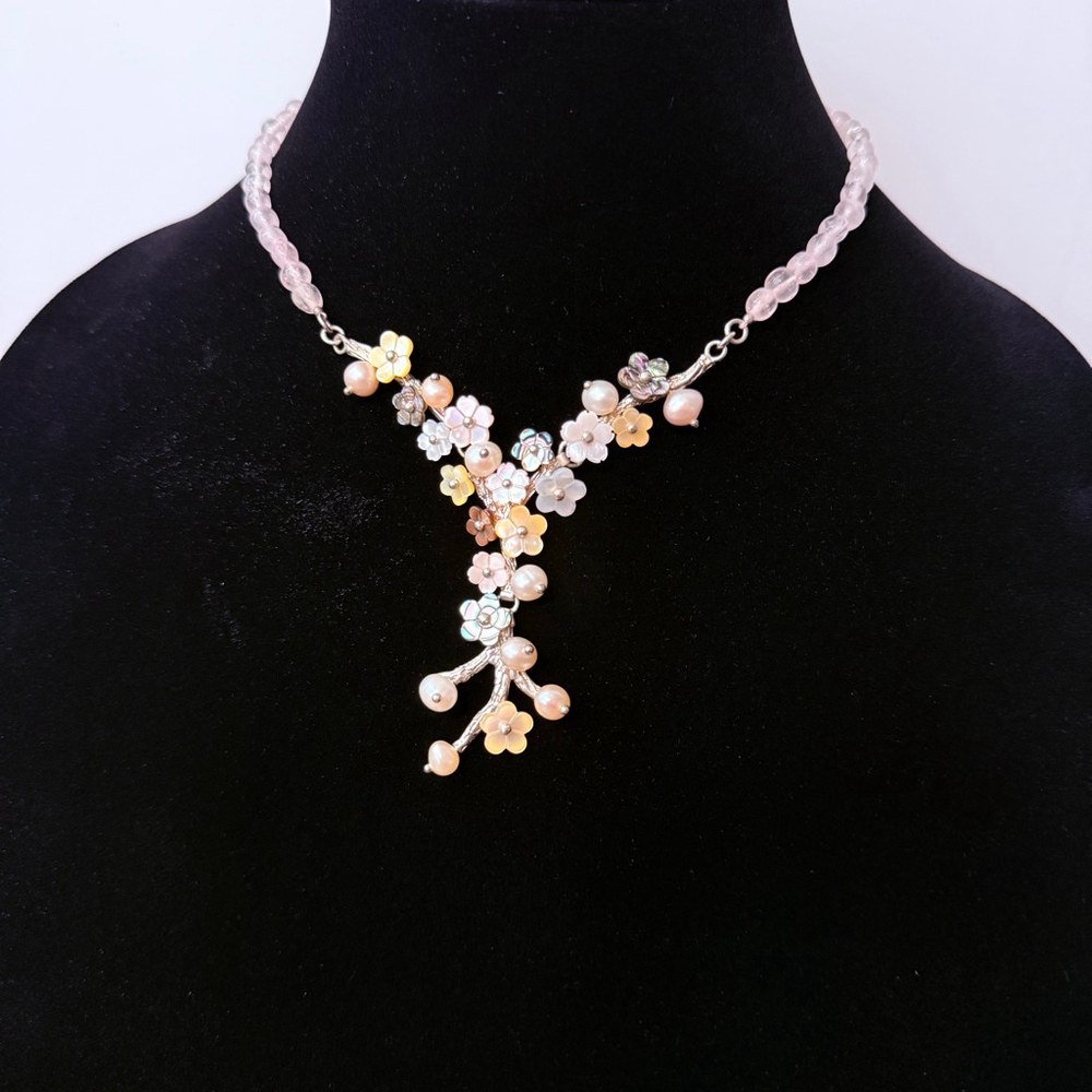 Whitney Kelly Rose Quartz MOP Pearl Mosaic Flower Sterling Silver 925 Necklace - Picture 2 of 12